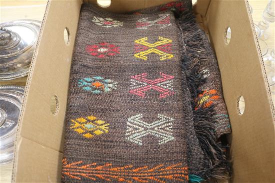 Three Paisley shawls, a women silk stole, kelim etc